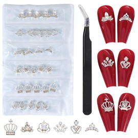 WOKOTO 30 Pcs 3D Alloy Crown Nail Charms For Nail Art 3D Decoration Set Silver Crown Nail Studs Rhinestones Clear Crystals Manicure Jewelry With 1pc Tweezers For Actylic Nails