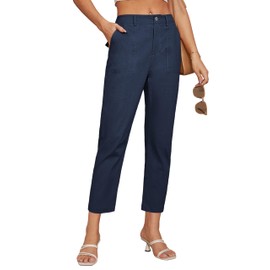 GRACE KARIN Summer Pants for Women 2024 Cotton Slacks Elastic High Waist Cropped Capri Pants Navy Blue XL