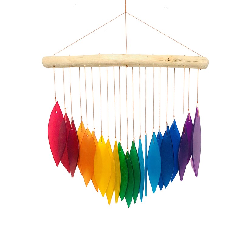 Rainbow Glass Wind Chime Recycled Glass and Bamboo Driftwood Garden