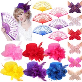 JaGely 18 Pcs Girls Tea Party Supplies Girls Mini Tea Party Hat and Gloves Tea Party Lace Folding Fan (Bright Colors)