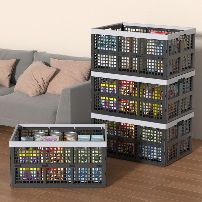 Tyminin 4 Pack Collapsible Plastic Storage Crates, Utility Folding Milk