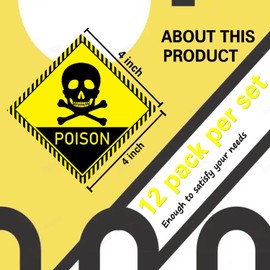 12 Pack Poison Skull and Crossbones Labels Yellow Danger Poison Sign Stickers - 4 Inch Caution Danger Safety Warning Sign Vinyl Label Decals