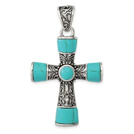 Million Charms 925 Sterling Silver Synthetic Turquoise Antiqued Cross Necklace Charm Pendant with 18 Inch Chain