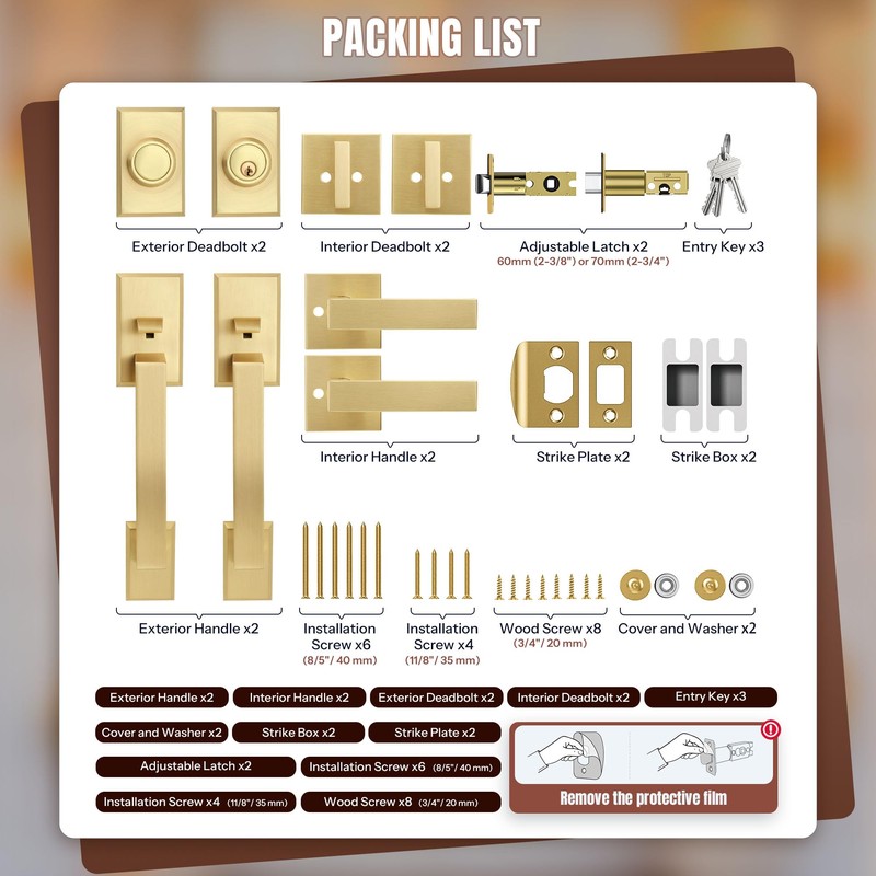 LOQRON Brushed Gold Double Front Door Lock Set, Keyed Entry