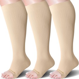 Sockswift Open Toe Compression Socks for Women&Men Toeless 20-30 mmHg Knee High Stockings for Nurses, Prenancy, Travel, Wheat