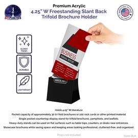 Marketing Holders 2 Pack Brochure Holder for Trifolds Countertop Literature Display Space Saving Organizer Single Slot Black Plastic Stand for 4.25" Graphic Images in Hotels and Retail Shops