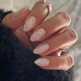 Gifiky Short False Nails Almond Press on Nails Bling Nails Tips Full Cover Ballerina Fake Nails for Women and Girls 24Pcs