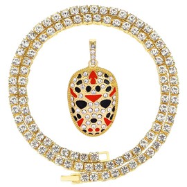 HH BLING EMPIRE 14k Gold Silver Plated Hip Hop Rapper Pendant Chain Necklace for Men, Iced Out Diamond Jason Mask Pendant with 5mm Tennis Chains 22 Inch (Jason Mask-Gold,& Tennis)