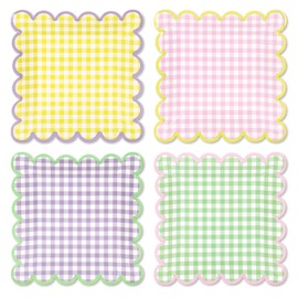 FYSUIMU 48Pcs Pastel Gingham Paper Plates Scalloped Pink Yellow Purple Green Plaid Disposable Plates Checkered Tableware for Spring Summer Table Supplies