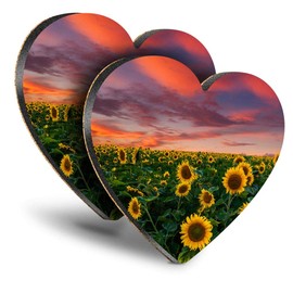 Destination Vinyl ltd Great Coasters (Set of 2) Heart - Sunflowers Field Sunset Flowers Drink Glossy Coasters/Tabletop Protection for Any Table Type #14370