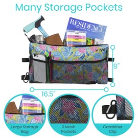 Vive Wheelchair Zimmer Frame Bag - Water Resistant Accessory Basket Provides Hands Free Storage for Folding Walkers - Attachment Fits Wide (Green Paisley)