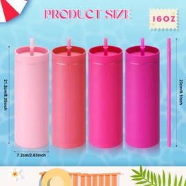 Baderke 4 Pcs 16 oz Skinny Tumblers with Lids and Straws Matte Pastel Colored Reusable Double Wall Plastic Mugs Bulk MulticolorTumblers for Cold Hot Drinks Home Parties Travel DIY Gift (Pink)