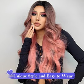 YEAME Long Ombre Pink Wavy wigs With Bangs 28 Inch Curly Wavy Wig Heat Resistant Synthetic Wig for Women Daily Party Use (Ombre Pink)