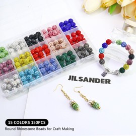 Dowarm 150PCS 10MM Rhinestone Beads for Jewelry Making, Mixed 15 Colors Round Polymer Clay Crystal Beads for Crafts Bracelet Necklace Earring Beaded Pen, Fancy Shamballa Pave Disco Ball Diamond Beads