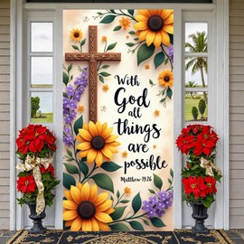 With God All Things are Possible Door Cover Decorations 3D Sunflower Door Banner Fall Religious Cross Front Door Covers Welcome Hanging Floral Backdrop Sign for Outdoor Indoor Holiday Supplies