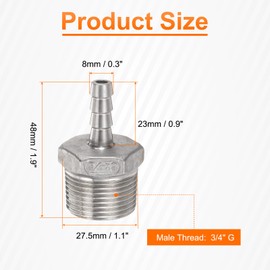 sourcing map 2pcs Stainless Steel Hose Barb Fitting 0.3" (8mm) Barbed x g 3/4" Male Pipe Fitting Air Hose Barb Fittings Coupler Thread Connector Adapter for Water Fuel