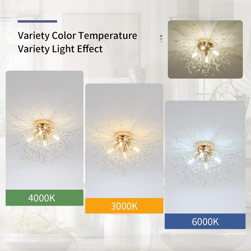 Modern Small Crystal Ceiling Light Fixture, 4-Light Gold Crystal Sputnik