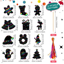 Pack of 36 Christmas Scratch Pictures, Children's Rainbow Scratch Paper, Rainbow Scratch Art with 18 Wooden Pens and 36 Colourful Ribbons, for Children's Crafts, Christmas Gifts, Christmas Tree