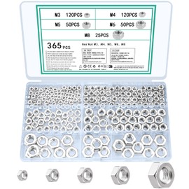 TOOINKCV 365 Pcs M3 M4 M5 M6 M8 Hex Nuts Set, Lock Nuts, Assorted Self Locking Nut Assortment, Locknuts, Metric Hex Full Standard Thread Carbon Steel Hexagon Nut