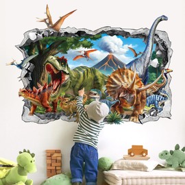 decalmile 3D Dinosaur Wall Stickers Large Dino Crack Hole Dinosaur Animals Volcano Wall Decals Boys Room Baby Nursery Kids Bedroom Wall Decor