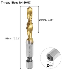 sourcing map Combination Drill and Tap Bit, SAE 1/4-20NC Thread 1/4" Hex Shank, Titanium Coated Threading Screw Taps Spiral Flute Tapping Tool, High Speed Steel (HSS) 4341