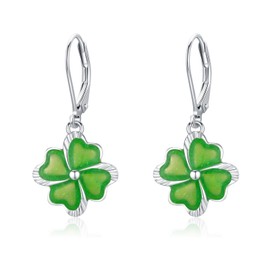 Twoowl St Patricks Day Shamrock Earrings 925 Sterling Silver Four Leaf Clover Earrings Green Irish Leverback Earrings Lucky Irish Jewelry Gifts Birthday for Women, 14mm, Sterling Silver, No Gemstone