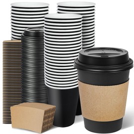 Ginkgo 100 Pack 12 oz Disposable Coffee Cups with Lids and Sleeves, To Go Leak-Proof Black Paper Cups for Picnics, Parties, Travel, Offices and Coffee Bar Supplies