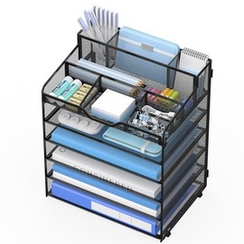 Organizador de escritorio de malla de 6 niveles, bandeja de papel multifuncional con 3 soportes para bolígrafos y 5 compartimentos de almacenamiento a