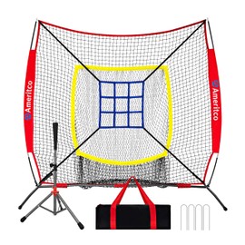 Ameritco Baseball Net，7x7ft Baseball Practice Net with Tee and Target, Large Pocket Sports net for Hitting/Batting/Pitching/Throwing,Scratch Resistant Base,Indoor/Outdoor Versatile Use for All Levels