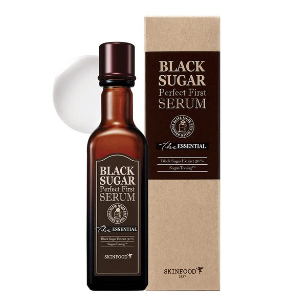 SKINFOOD Black Sugar Perfect First Essential Serum 4.06 oz (120ml) - Containing Fermented Black Sugar for Smooth & Pure Skin, First Step Skin Care Toner Serum - Pore Minimizer Serum - Pore Reducer