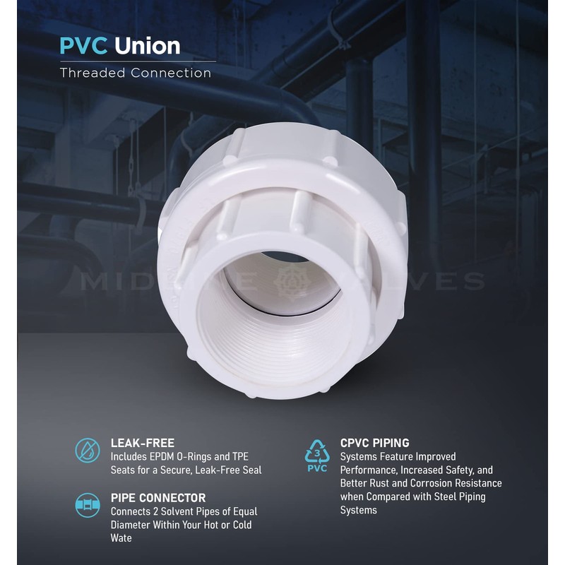 Midline Valve PVC Union Coupling Pipe Fitting 3/4'' FIP White