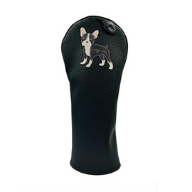 Black French Bulldog PU Leather Golf Club Covers Driver Headcovers Fairway Woods Hybrid Protector with Interchangeable Number Tag