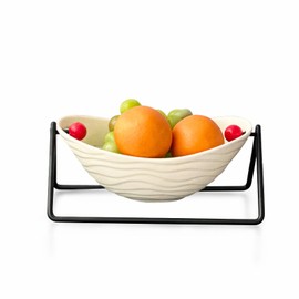 MOOSHU Ceramic Large Fruit Bowl for Kitchen Countertop - 11 Inch Modern Decorative Pedestal Bowl, Oval, for Dining Table Center, Living Room, Kitchen Decor (White)