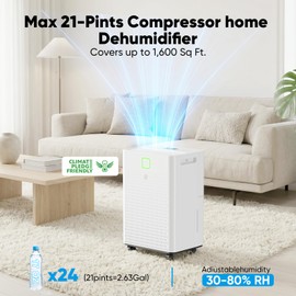 HUMILABS 1600 sq. ft. Dehumidifier for Basement, 21 Pint Dehumidifier for Home with Drain Hose, Auto Modes, 24H Timer, Child Lock, 37dB. Ideal for Bathrooms, Basements, and Large Rooms.