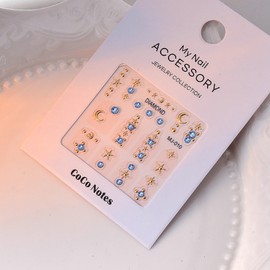 5D Embossed Nails Stickers, Trendy Self-Adhesive Nail Art Decals, Unique 3D Blue Rhinestones Nail Designs, Gold Gorgeous Nails Art Decoration, Nail Gems for Women