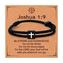 Mikovivi Black Cross Bracelet for Men, Adjustable Braided Rope Cross Bracelet 1:9 Religious Bible Verse Joshua Braided Rope for Men Christian Gifts
