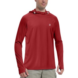 Roadbox Men's Hooded UV Sun Shirts Long Sleeve, Athletic Workout Running Thumbholes T-Shirts Quick-Dry Lightweight Brick Red
