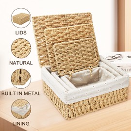 VTOBON Wicker Storage Basket with Lid, 3-Pack Handwoven Shelf Baskets with Cotton Liner and Metal Frame, Handwoven Rattan Shelf Basket Storage Trunk for Closet Bedroom Livingroom, Natural
