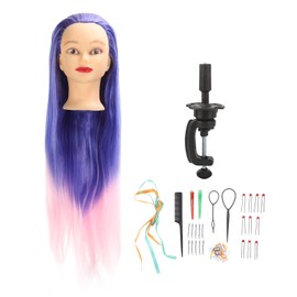 Blue Pink Hair Mannequin Training Head with Holder Hair Styling Mannequin Head Tool Set