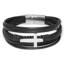 Heyjoin Beading Leather Bracelet Men Cross Inspirational Magnetic Steel Clasp Wristband Braided Cuff (Silver Cross 23CM)