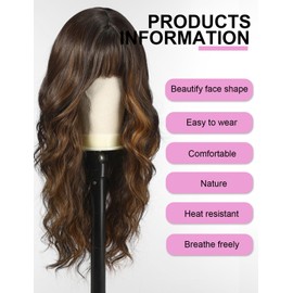 WOKESTAR Long Wavy Mixed Brown Wigs for Women, Heat Resistant Natural Hair with Neat Fringe