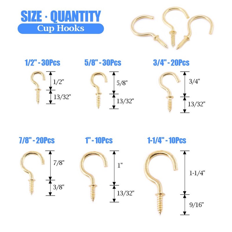 Glarks 120-Pieces 6 Size Brass Plated Screw-in Cup Hooks Lag