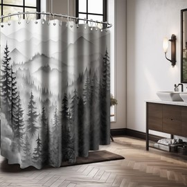 QGHOT Mountain Shower Curtain Black and White Forest Nature Shower Curtains for Mens Bathroom Charcoal Grey Rustic Woodland Pine Tree Cool Bath Decor Sets, Waterproof Fabric with Hooks, 108x72in
