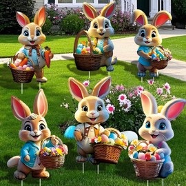 6PCS Easter Bunny Yard Signs Decorations Outdoor with Stakes Cute Easter Bunny Eggs Garden Decorations Holiday Welcome Signs for Yard Lawn Party Decor