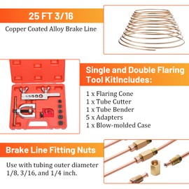 Piodelo 25FT 3/16 Copper Coated Brake Line Tube Bender Single and Double Flaring Tool Kit With Tube Bender & 20 Fittings Nuts Repair Kit (16 Fittings + 4 Unions Brake Line Fittings), 45 Degrees