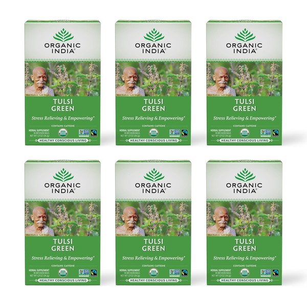 Organic India Tulsi Green Herbal Tea - Holy Basil, Stress Relieving & Empowering, Immune Support, Vegan, USDA Certified Organic, Premium Darjeeling Green Tea, Caffeinated - 18 Infusion Bags, 6 Pack