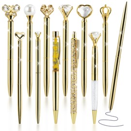 IBEQUEM 12Pcs Gold Ballpoint Pen Set, Metal Crystal Diamond Pen, Liquid Sand Glitter Blackink Ball Point Pen, Glitter Cute Crown Diamond Pen, Gift for Woman Girls Teacher School Office Home