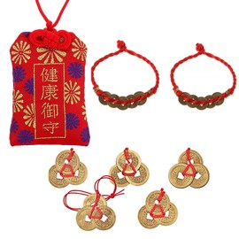 XHBTS Japanese Omamori Amulet Good Luck Charms Hanging Sachet and 5 Chinese Feng Shui Coins 2 Coins Bracelet for Good Luck and Healthy