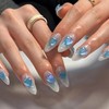 LPOODDNU Almond Press on Nails 3D Effect Heart Fake Nails Glossy Blue Acrylic False Nails Press ons with 3D Heart Charms Medium Exquisite Handmade Glue on Nails Cute Stick on Nails for Women 24Pcs