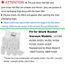 Dttery 3 Pack for Shark Rocket DeluxePro TruePet HV319Q HV320 HV321 HV322 HV324Q HV325 UV330 UV422 Filter kit, 3 Foam & Felt + 3 Post Filters Replacement Part # 1080FTV320 & 1084FTV320